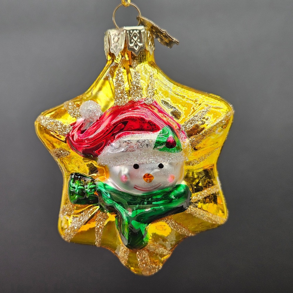 Thomas Pacconi Classics Snowman Star Glass Christmas Ornament Gold Red Green